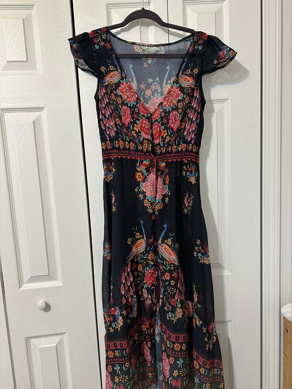 Floral Black Sheer Maxi Dress with Pink & Red Print